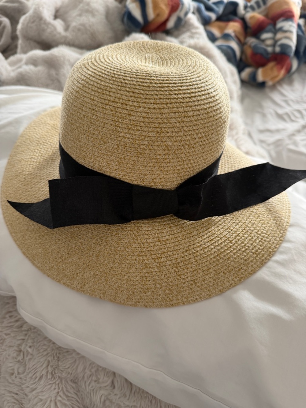 Straw Sun Hat with Black Ribbon Trim - Women's Beach Hat